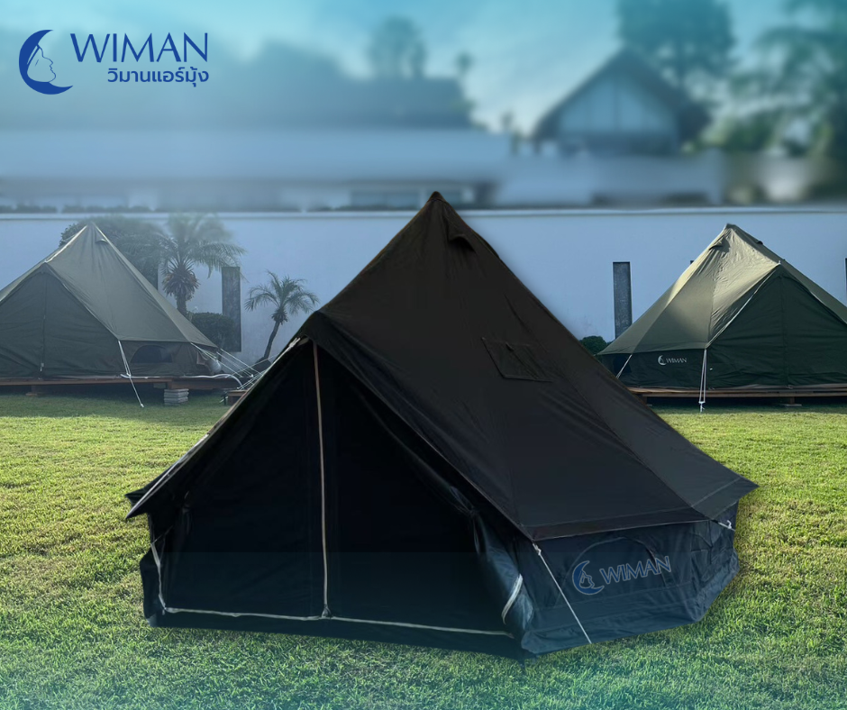 เต็นท์กระโจม WIMAN Bell Tent Black Clothing สีดำ ไม่มีเสากลาง มีช่องวางท่อแอร์สำหรับสายแคมป์ที่ชอบนอนกลางวัน